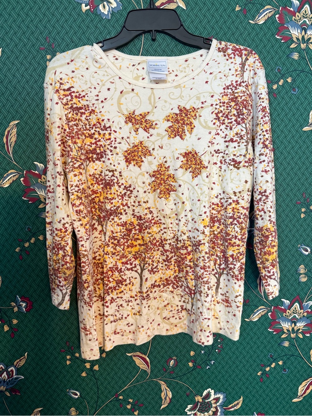 Women’s Cream Long-Sleeve Tee with Autumn Leaf Print